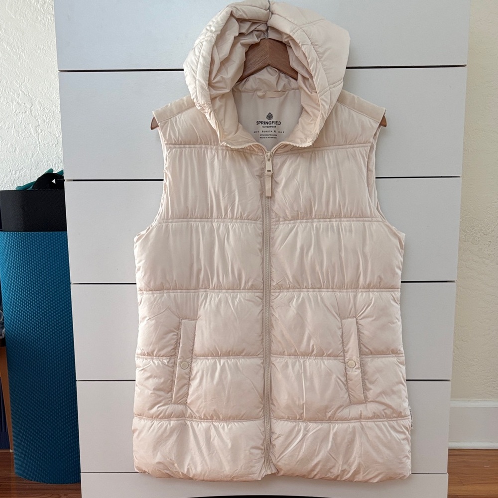 New Long Cream Puffer Vest with Hood